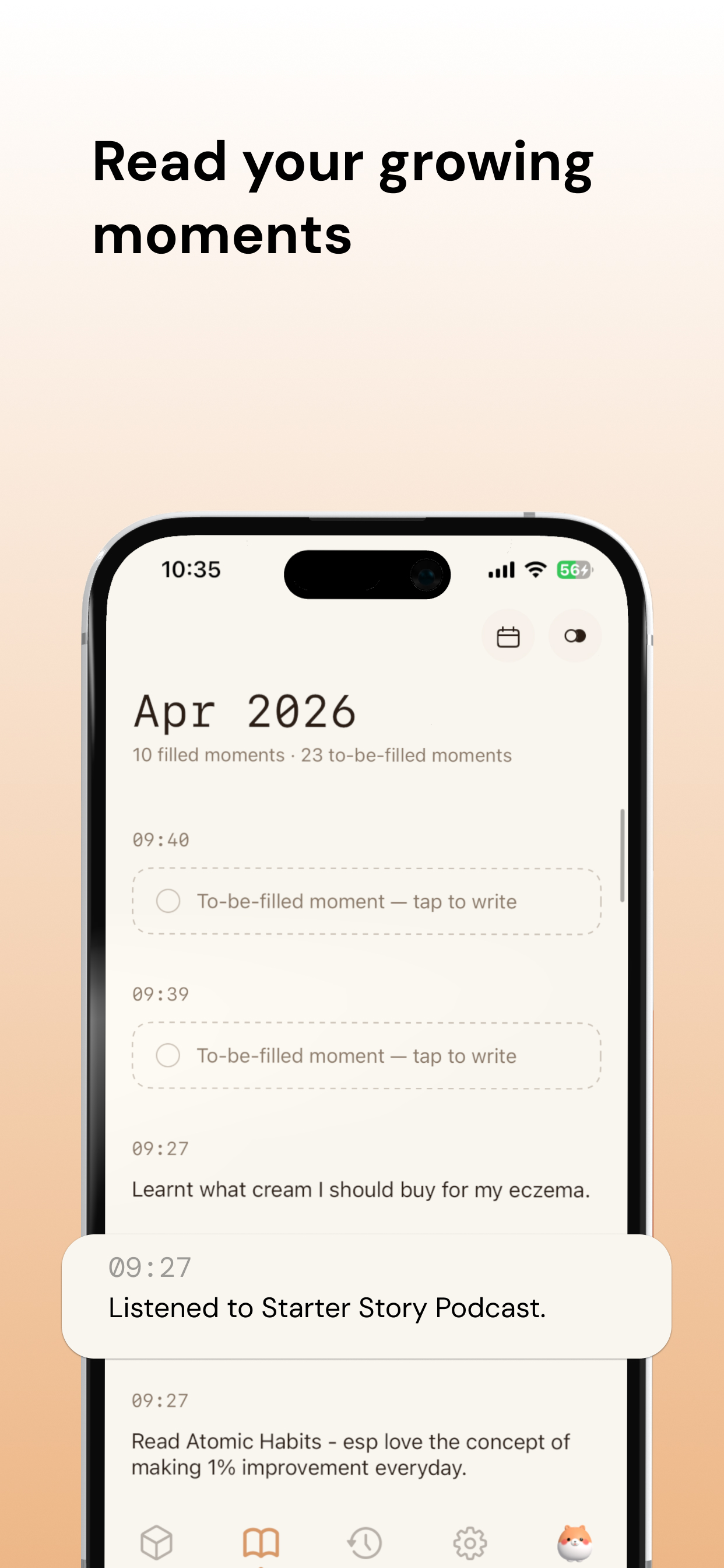 History view — flipping through past moments